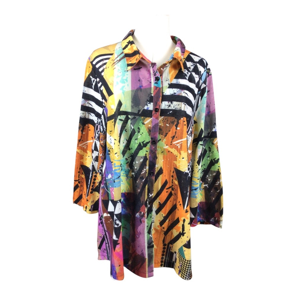 Shana Colorful Abstract Button-Up Tunic Shirt XL Art To Wear Bohemian Hippy
